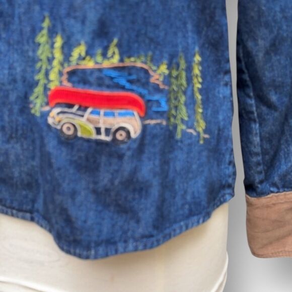 Denim Jacket Camping Embroidered Camp Scene Corduroy Collar Cuffs Blue Medium - Picture 6 of 9